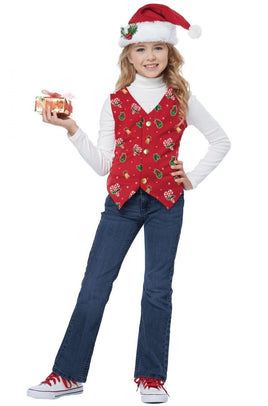 Kids Christmas Holiday Vest with Hat & Holly Clip – Unisex Children's Party Dress Up Costume