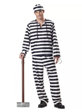 Men's Jailbird Convict Costume | Adults Striped Prisoner Halloween Outfit