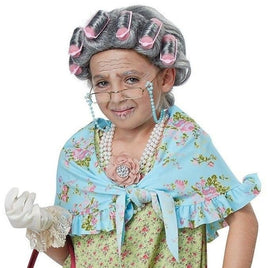 Girl's Old Lady Costume Kit - Granny Halloween Wig, Curlers, Shawl & Flower Clip