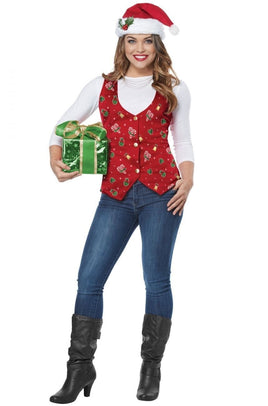 Unisex Adults' Christmas Holiday Vest with Hat & Holly Clip