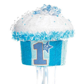 Pull String 1st Birthday Blue Cupcake Pinata - Party Zone USA